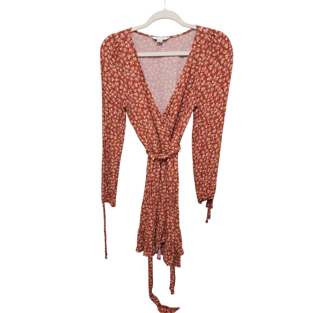 American Eagle Rust  Long Sleeve Wrap Mini Dress Small Boho Ruffle Cuff Tie